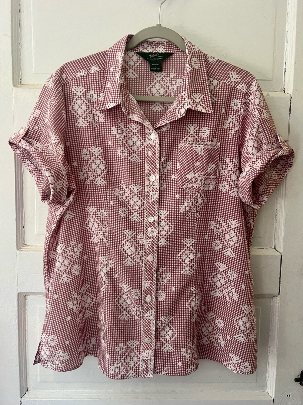 Woolrich Women’s Gingham Quilt Short Sleeve Button Up in Rose